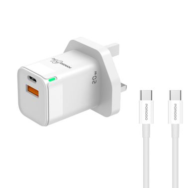 Porodo Blue Ultra-Quick 20W Wall Charger, 1*PD Type-C & 1...
