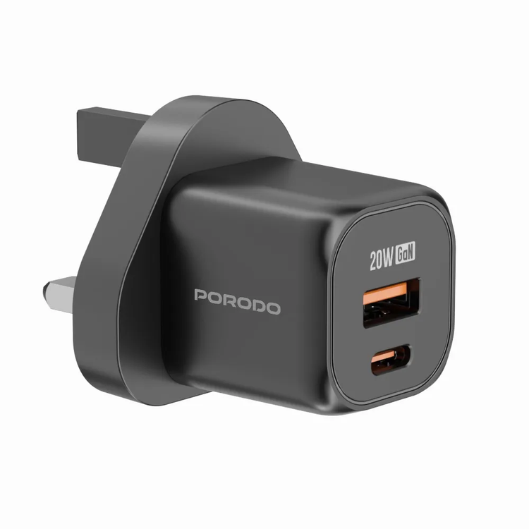 Porodo Fast Charger PD 20W USB-C & USB-A - GaN, Black