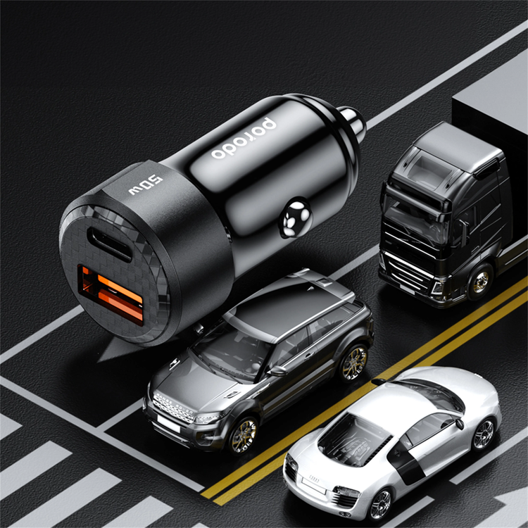 Porodo Car Charger PDCC50WBK - 50W Dual Port, Carbon Fiber Black
