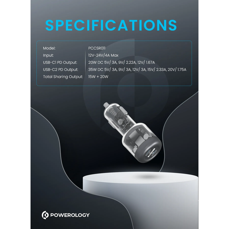 Powerology Car Charger Crystalline Series PCCSR011 - 35W Dual PD, Transparent