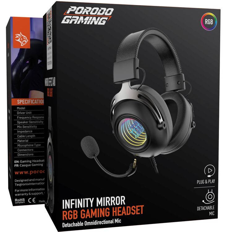 Porodo Gaming Headset Infinity Mirror RGB - Detachable Mic, Black