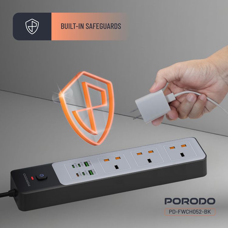 Porodo Power Strip PDFWCH045WH - 4 AC Outlets, 6 USB Ports, 3M Cord, Black