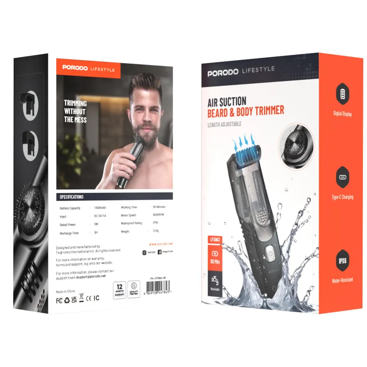 Porodo Hair Trimmer PD-LFST063-BK - Cordless, IPX6 Water-Resistant, Black