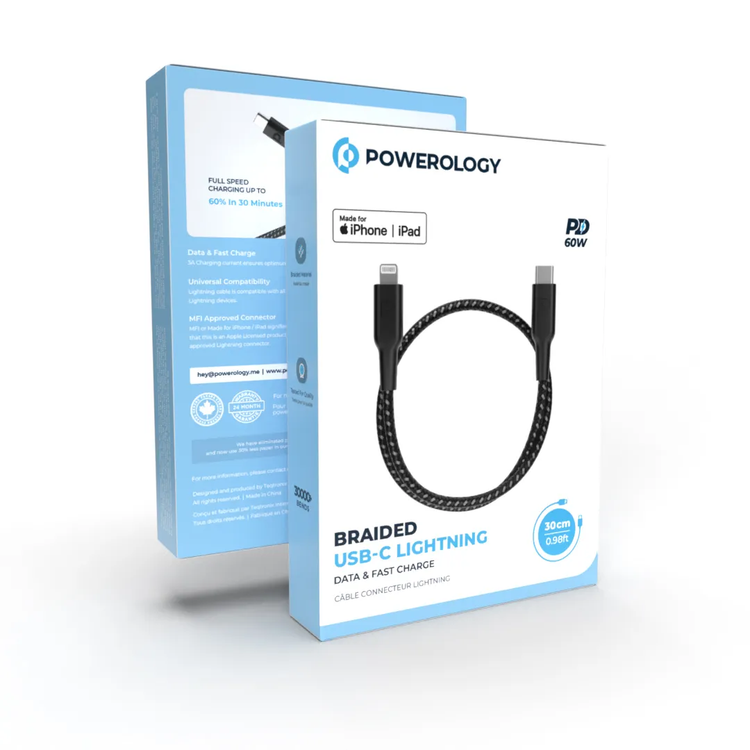 Powerology USB-C to Lightning Cable PCAB006BK - Braided 30cm, Black