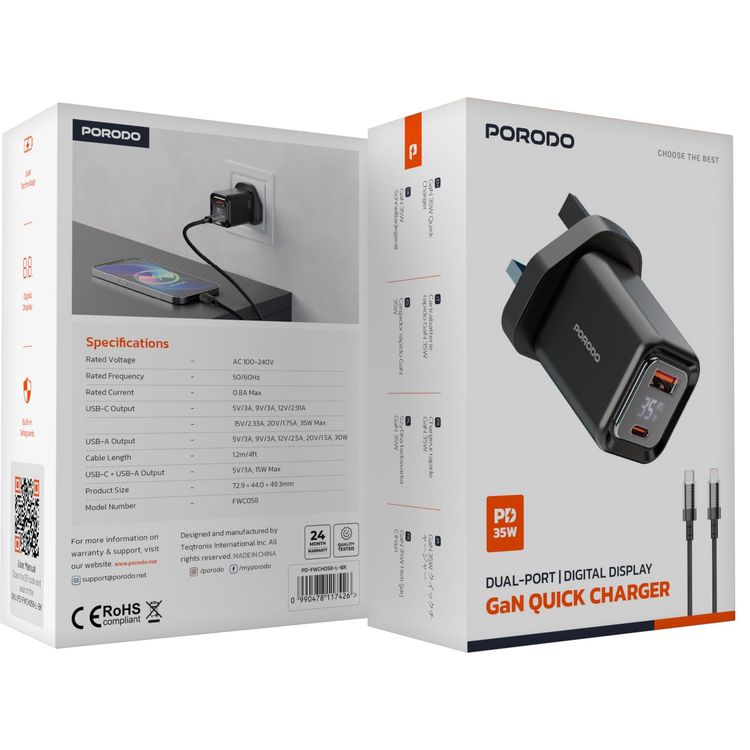 Porodo Charger PDFWCH058CBK - 35W PD GaN, USB-A & USB-C, Digital Display