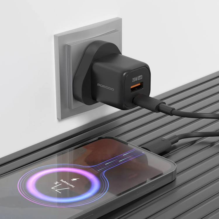 Porodo Fast Charger PD 20W USB-C & USB-A - GaN, Black