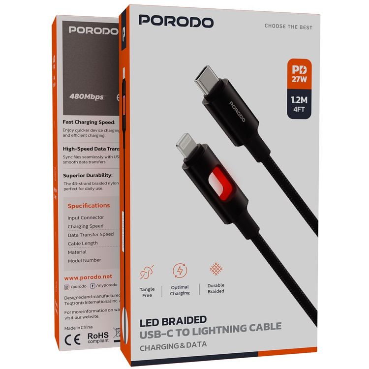 Porodo USB-C to Lightning Cable PDCBLXGH03BK - 1.2m LED Braided, 27W PD, Black