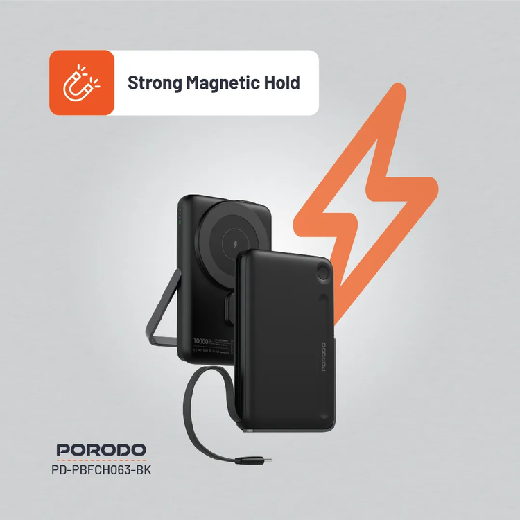 Porodo Power Bank PDPBFCH065BK 10000mAh with Type-C Stand - Black