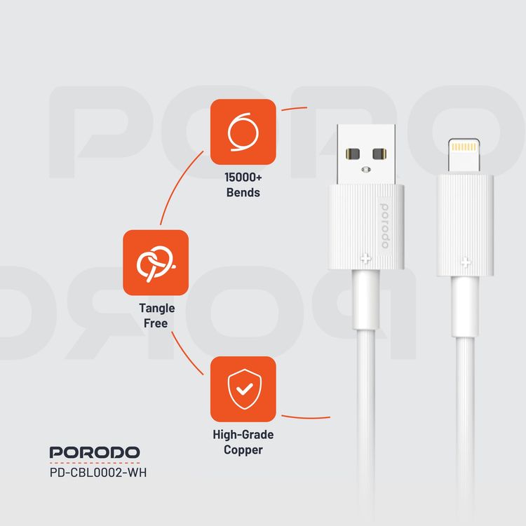 Porodo USB-A to Lightning Cable PDCBL0002WH - 3M, Fast Charging, White