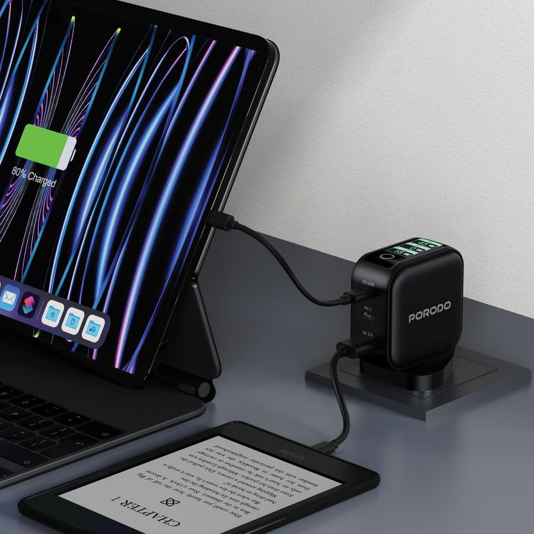 Porodo GaN Charger PDWCP5265BK - 65W 3-Port with LCD Display, Black