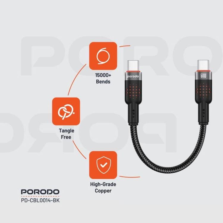 Porodo USB-C to USB-C Cable PD-CBL0014-BK - 25cm, 60W PD, Black