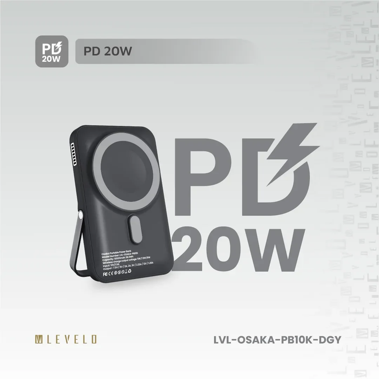 LEVELO Power Bank Osaka LVLOSAKAPB10KDGY - 10000mAh PD 20W, Wireless, Dark Grey
