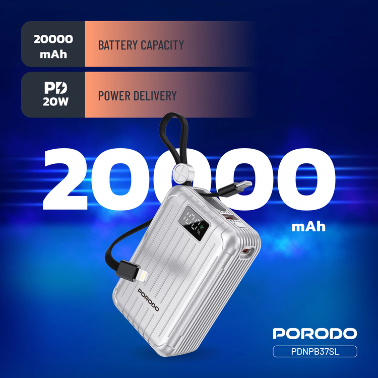 Porodo Power Bank Petite PDNPB37SL - 20000mAh, Type-C & Lightning, Silver