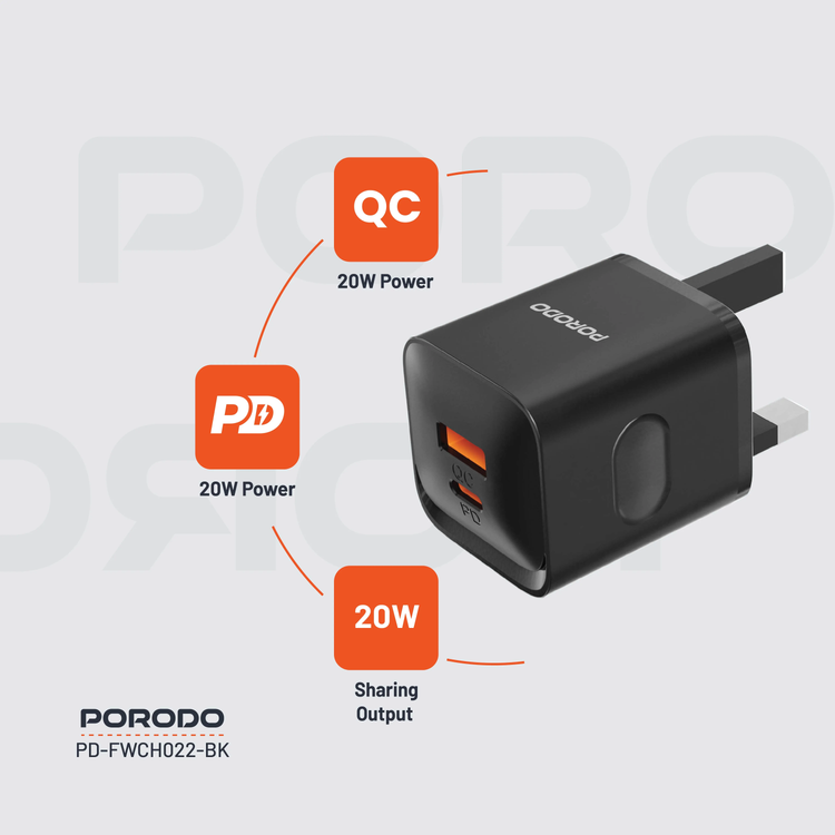 Porodo Wall Charger PDFWCH022BK - Dual Port 20W, Black